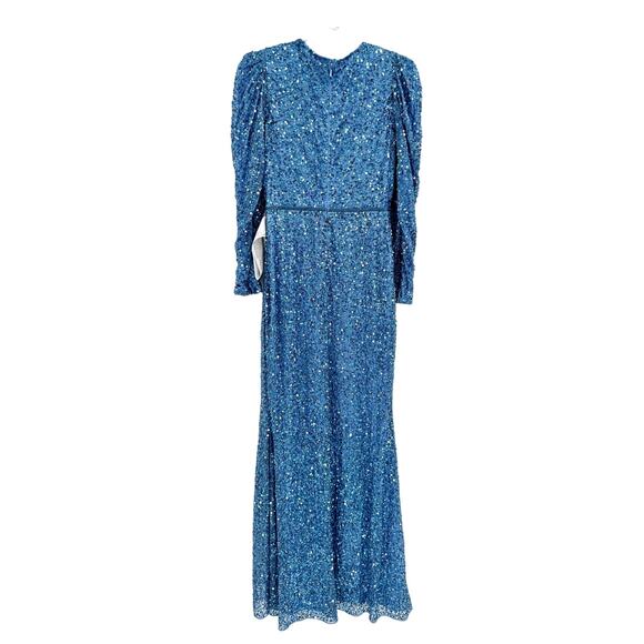 Mac Duggal 5510 Blue Women's Sequined Wrap Over Puff Long Sleeve Gown Size 4 - Picture 3 of 6